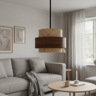 Stonel Contemporary Travertine Cylinder Pendant Lamp with Wood Frame U14