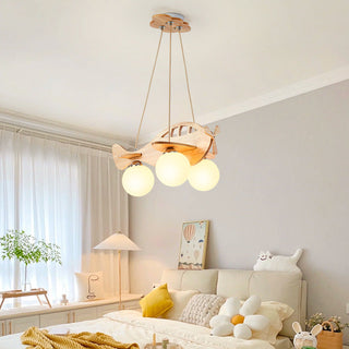Contemporary Creative Kids Cartoon Airplane Orb Wood Iron Glass 3-Light Chandelier For Bedroom