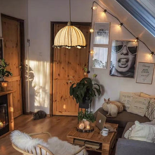 Traditional Vintage Lace Round Semi-circle Rubberwood Linen 1-Light Pendant Light For Bedroom