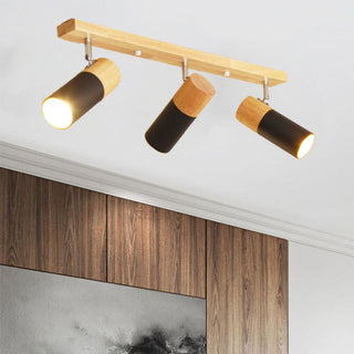 Contemporary Nordic Adjustable Linear Cylinder Wood Aluminum Spotlight 3-Light Semi-Flush Mount Ceiling Light For Bedroom