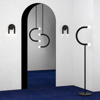 C Curved Black Metal & Opal Glass Floor Lamp