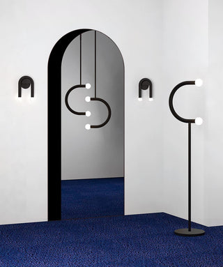 C Curved Black Metal & Opal Glass Pendant Light
