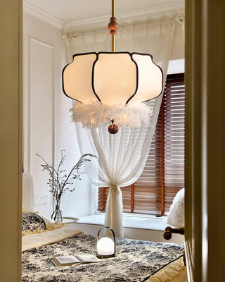 Feathered Oriental Wood Lantern Pendant Light