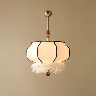 Feathered Oriental Wood Lantern Pendant Light