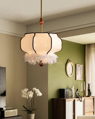 Feathered Oriental Wood Lantern Pendant Light
