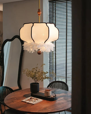 Feathered Oriental Wood Lantern Pendant Light