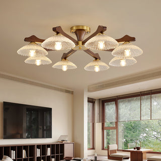 Crackle Glass & Walnut Semi-Flush Chandelier