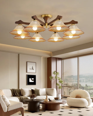 Crackle Glass & Walnut Semi-Flush Chandelier