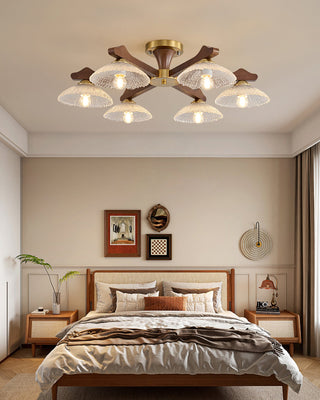 Crackle Glass & Walnut Semi-Flush Chandelier