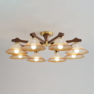 Crackle Glass & Walnut Semi-Flush Chandelier