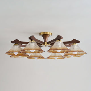 Crackle Glass & Walnut Semi-Flush Chandelier
