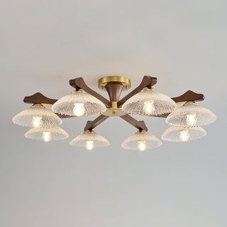 Crackle Glass & Walnut Semi-Flush Chandelier