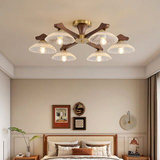 Crackle Glass & Walnut Semi-Flush Chandelier