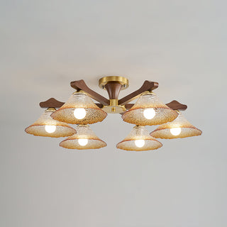 Crackle Glass & Walnut Semi-Flush Chandelier