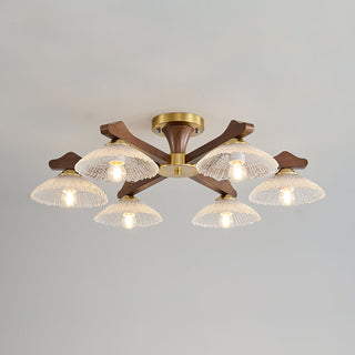 Crackle Glass & Walnut Semi-Flush Chandelier