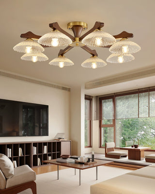 Crackle Glass & Walnut Semi-Flush Chandelier