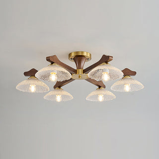 Crackle Glass & Walnut Semi-Flush Chandelier