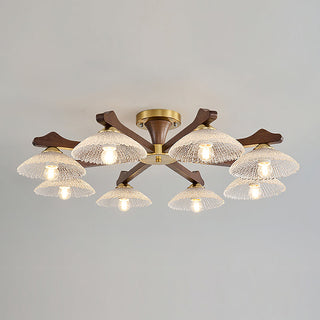 Crackle Glass & Walnut Semi-Flush Chandelier