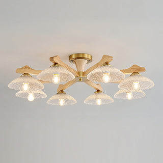 Crackle Glass & Walnut Semi-Flush Chandelier