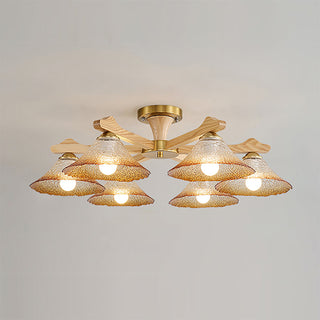 Crackle Glass & Walnut Semi-Flush Chandelier