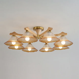 Crackle Glass & Walnut Semi-Flush Chandelier