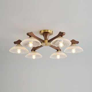 Crackle Glass & Walnut Semi-Flush Chandelier