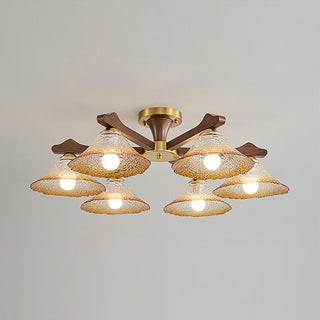 Crackle Glass & Walnut Semi-Flush Chandelier