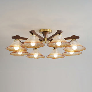 Crackle Glass & Walnut Semi-Flush Chandelier