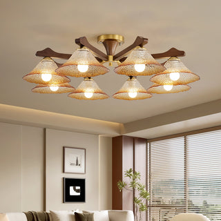 Crackle Glass & Walnut Semi-Flush Chandelier