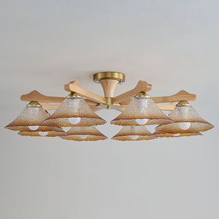 Crackle Glass & Walnut Semi-Flush Chandelier