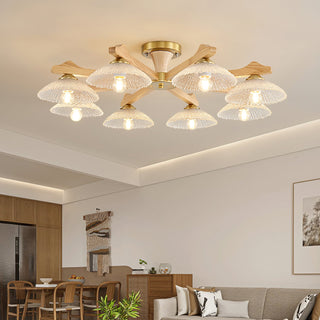 Crackle Glass & Walnut Semi-Flush Chandelier