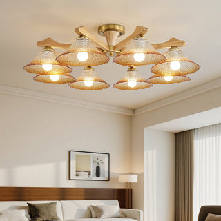 Crackle Glass & Walnut Semi-Flush Chandelier