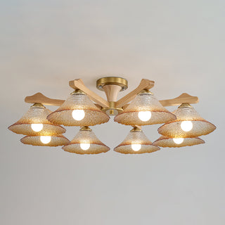 Crackle Glass & Walnut Semi-Flush Chandelier