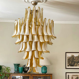 Murano Tiered Gold White Glass Petal Chandelier
