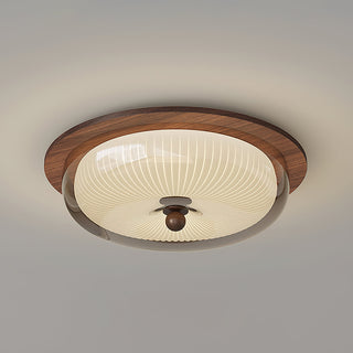 Vintage Wood  Ribbed Glass Ceiling Light