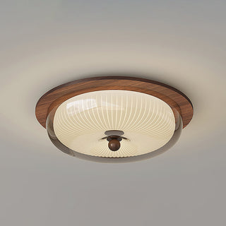 Vintage Wood  Ribbed Glass Ceiling Light