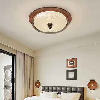 Vintage Wood  Ribbed Glass Ceiling Light