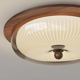 Vintage Wood  Ribbed Glass Ceiling Light