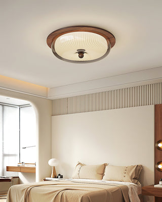 Vintage Wood  Ribbed Glass Ceiling Light
