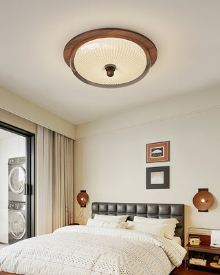 Vintage Wood  Ribbed Glass Ceiling Light